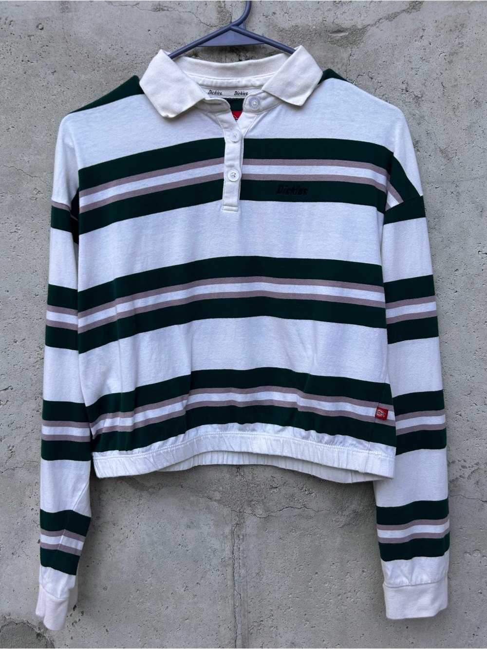 Dickies White and Green Striped Rugby Style Crop Pullover with Elastic Bottom